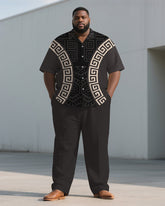 Men's Plus Size Brown Geometric Print Short Sleeve Shirt Trousers Suit